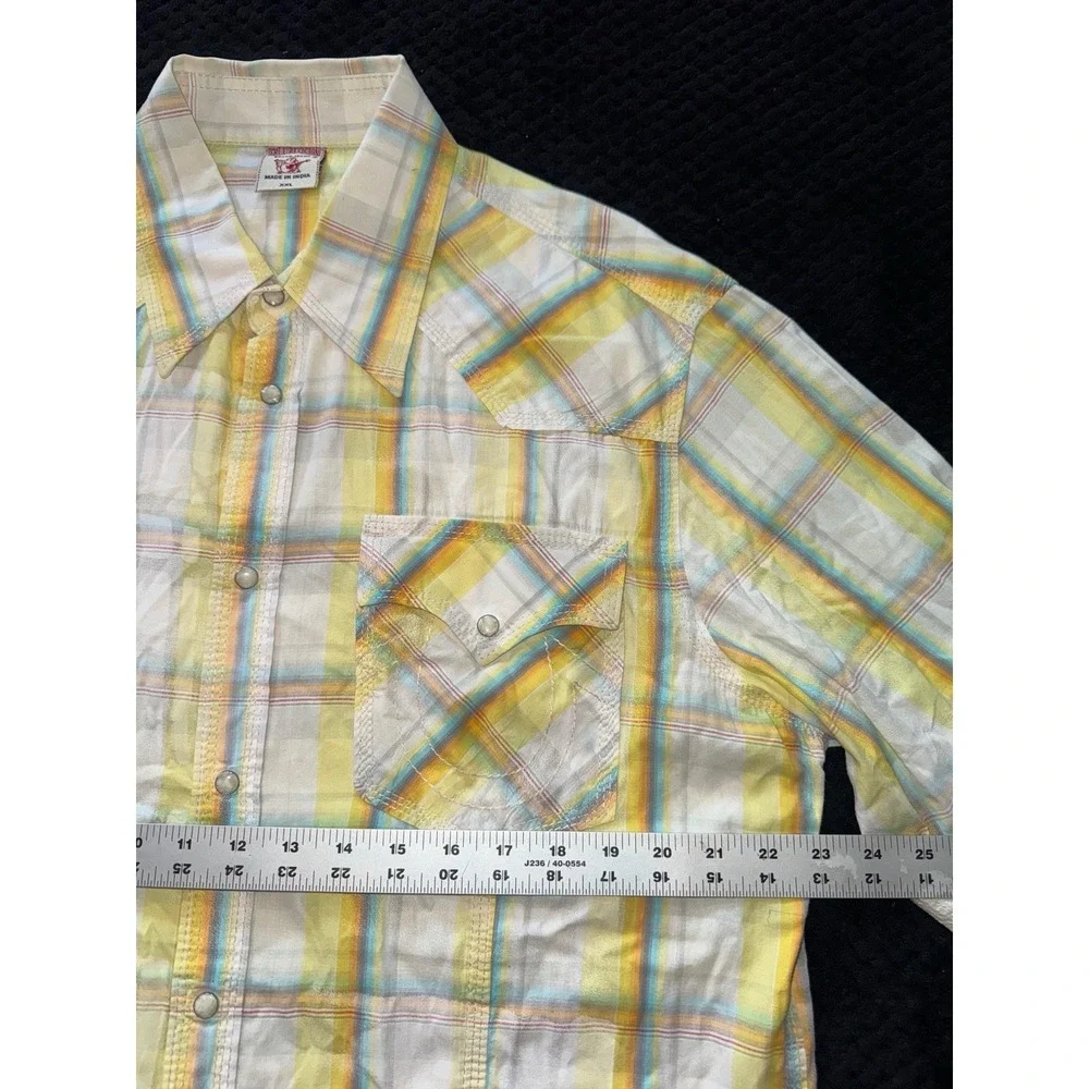 True Religion Men's Shirt Green Plaid Western Pearl Snap‎ Size 2XL